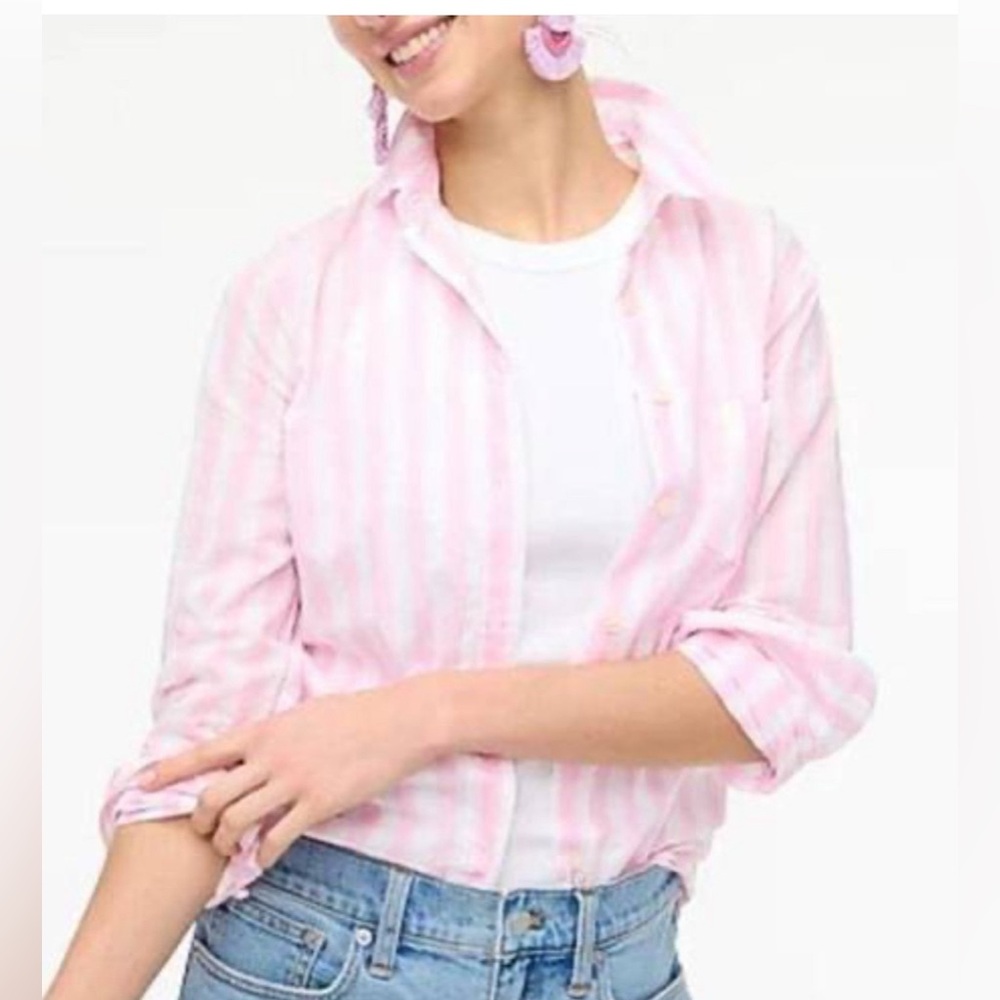 NWT- J Crew Womens Pink White Striped Button Down Long Sleeve Shirt Size MP
